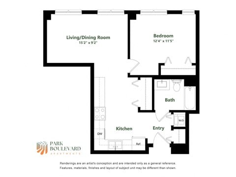 Floor plan for 1 bed, 1 bath